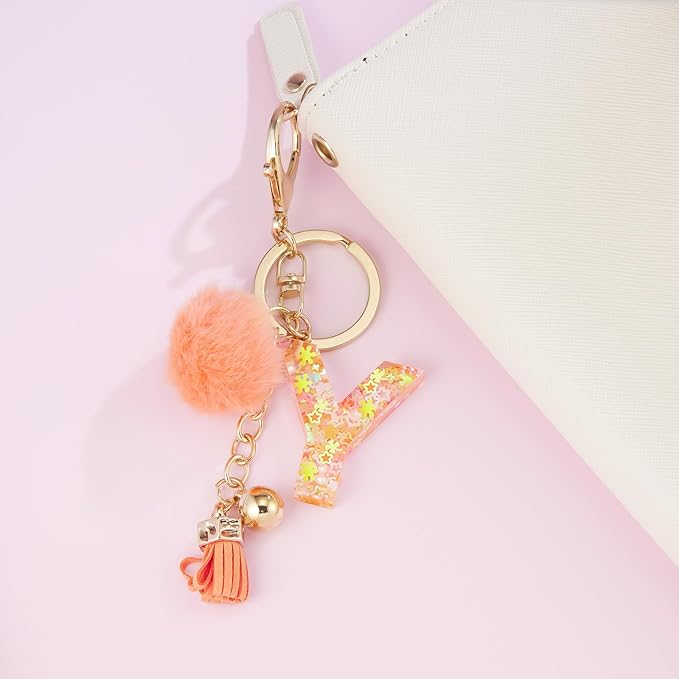 Resin Alphabet Initial Letter Keychain Keyring for Women Purse Handbags With Fur Ball Pom