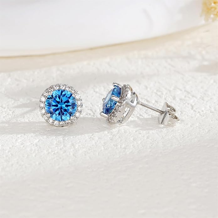 YOMELA Cubic Zirconia Earrings Studs, Halo CZ Birthstone Simulated Diamond Stud Earrings for Women