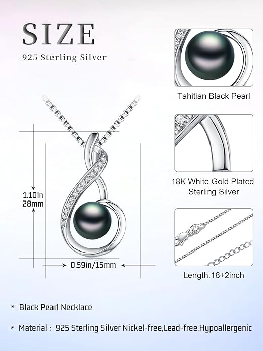 KANNSOAR Tahitian Black Pearl 18K White Gold Plated Sterling Silver Heart Pendant Necklace for Women Wife Mom Girlfriend Valentine Jewelry Gift for Mother Day Wedding Anniversary Birthday