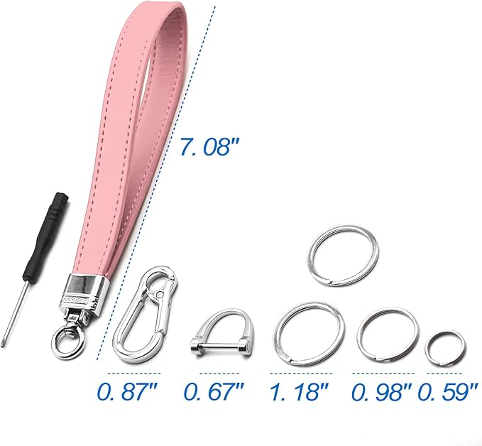 Car Fob Key Chain Genuine Leather Wristlet Strap Keychains Holder for Men and Women, 360 Degree Rotatable, with Anti-lost D-Ring, Carabiner Clip and 4pcs Key Rings, Pink