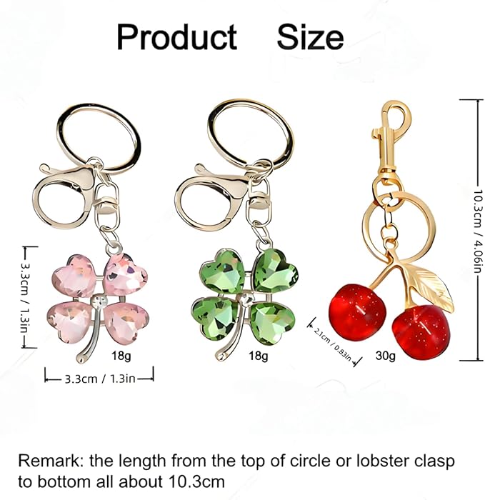 Four Leaf Clover Cherry Bag Charm Keychain,Cute Cherry Purse Charm,Clover Handbag Keychain,keyring for Women 3pcs