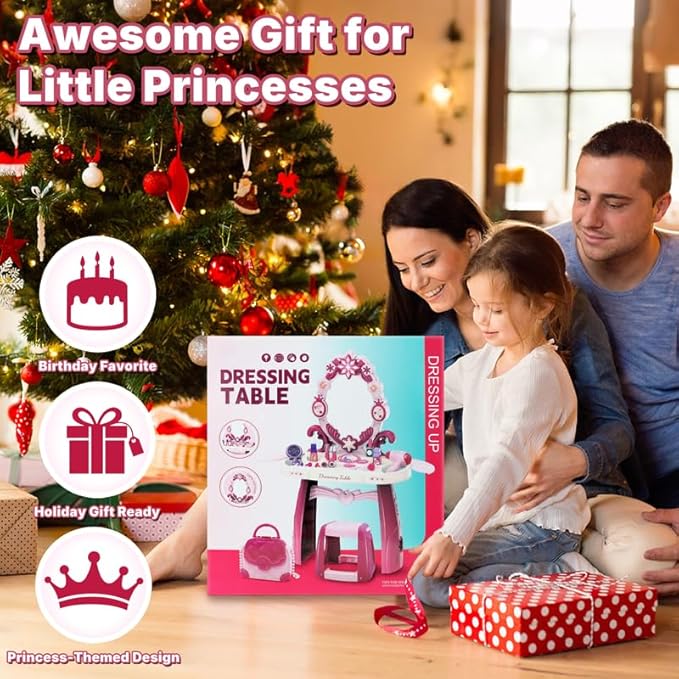 Toddler Vanity Set with Mirror, Lights & Music – Pink Princess Makeup Table with Stool, Pretend Play Beauty Salon Toy with Hair Dryer & Accessories for Little Girls Ages 3–5 Dress Up Gift (Pink)