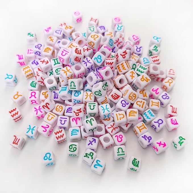200+ Pieces 7x7mm White Cube Acrylic Alphabet Zodiac Charms Constellation Beads Mixed Plastic Shape Loose Beads for Jewelry Making Bracelets Necklaces Key Chains (Colorful on White)