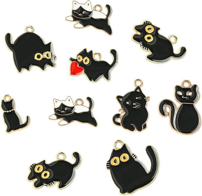 Stiesy 40 Pcs 8 Styles Enamel Black Cat Charms for Jewelry Making Kawaii Animal Kitten with Red Heart Dangle Charms Pendant Bulk for Crafting DIY Necklace Bracelet Earring Presents