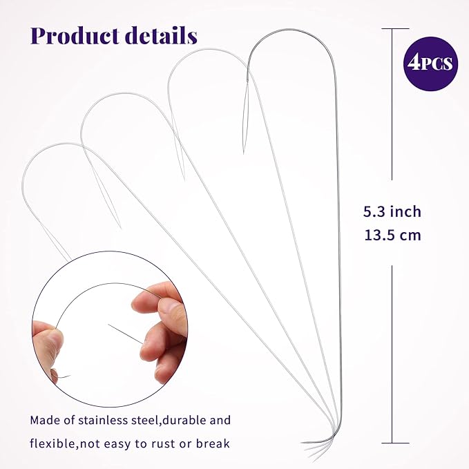 Karsspor 4 PCS Large Eye Beading Needles with Handle, 5.3 Inch Stainless Bead Needle for Bead Spinner, Glass Seed Beads, Bead Spinner Needle for Beading Bracelet Necklace Jewelry Making