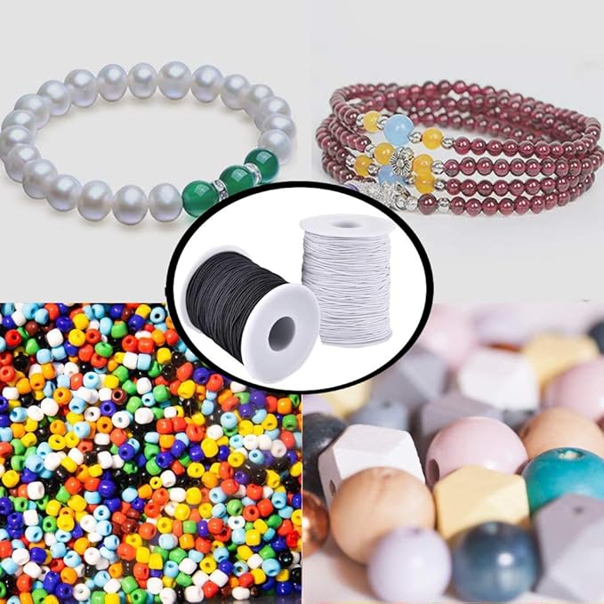 Elastic String for Bracelets, 2 Rolls 1 mm Sturdy Stretchy Elastic Cord for Jewelry Making, Necklaces, Beading Black and White