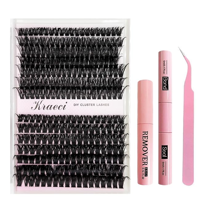 Kraeci Lash Extension Kit DIY with Adhesive Remover for Safe Removal, 280 Clusters 10-18mm, 80D/100D Volumes, Bond Glue, Sealant, Tweezers, Home Use Eyelash Starter Kit