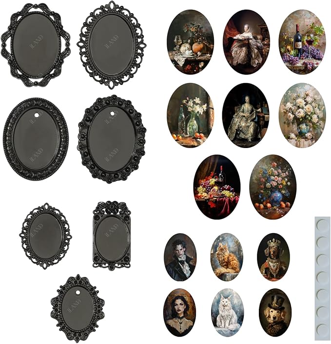 iLAND 1/12 Scale Accessories of Tiny Frames 7pcs with 14 Miniature Pictures Set for Dollhouse Miniatures Décor Also Elf Accessories Classic & Exquisite (Black Tiny Frame Art)