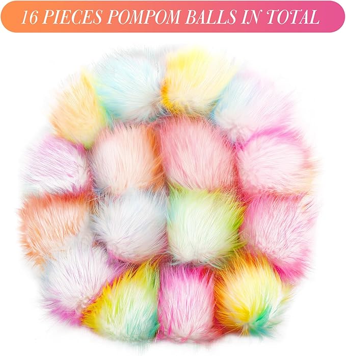 Tatuo 16 Pcs Faux Fur Pom Poms for Hat 4 Inches Large Fluffy Pom Balls for Crafts Knitting Beanies Shoes Scarves Bag Pompoms Keychain Charms Winter DIY Accessories (Rainbow Color)