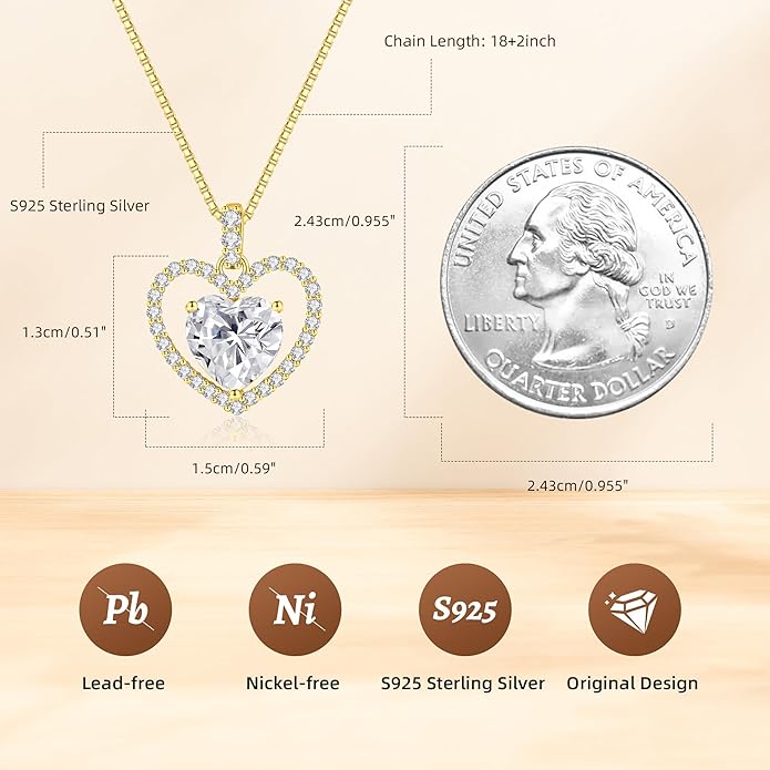 geweio 2CT Moissanite Heart Necklace for Women Wife in Gift Box,S925 Sterling Silver Jewelry for Women,Anniversary Birthday Present for Wife Her Girlfriend,18K Gold/White Gold Filled