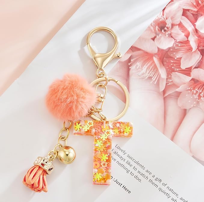 Resin Alphabet Initial Letter Keychain Keyring for Women Purse Handbags With Fur Ball Pom