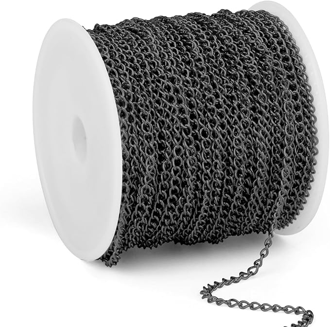 66FT Gunmetal Stainless Steel Curb Chains Roll, 2.5mm 304 Stainless Steel Black Flat Twisted Links Curb Chains Bulk Spool for Jewelry Making DIY Craft