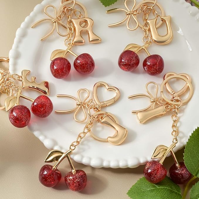 Snycler Bubble Initial Keychain with Cherry & Bow - Gold Letter Bag Charms for Women, Cute Purse Handbag Accessories