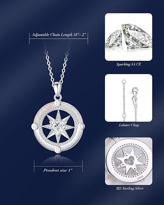 FANCIME Compass Necklace for Women Sterling Silver Compass Jewelry Opal Pendant Fine Jewelry Gemstone Birthday Christmas Gifts for Wife