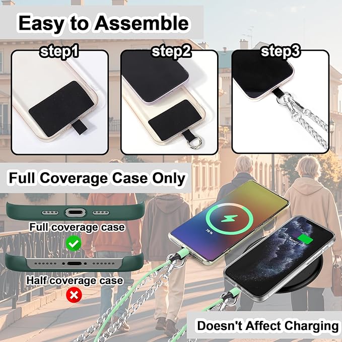 XANGNIER Clip and Go Strap for Phone with Wallet Crossbody, Phone Strap with Zippered Wallet, Adjustable Anti Theft Cellphone Lanyard for Women, Cellphone Chain Accessories,Chain Silver