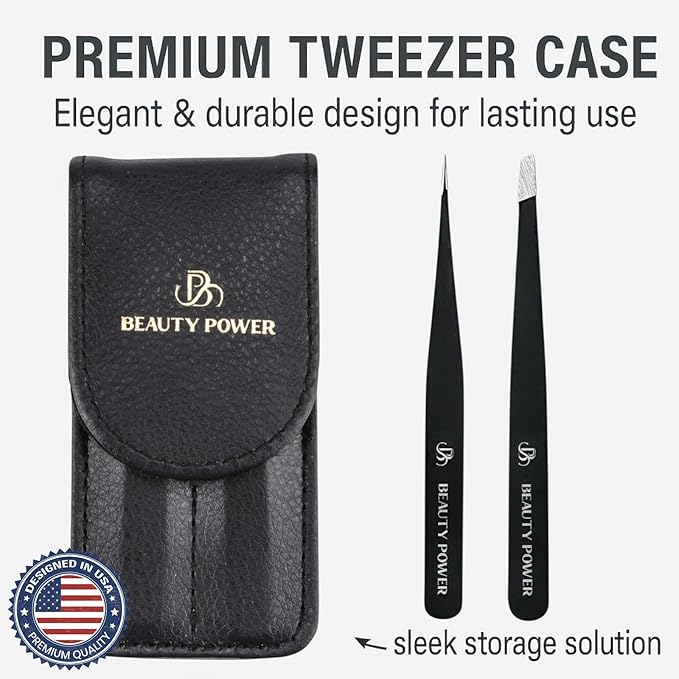 Beauty Power Precision Tweezers for Women Facial Hair & Men - Professional Tweezers Set with Slant & Point Tips, German Stainless Steel, PU Leather Travel Case, Lightweight & Ultra Precision Black