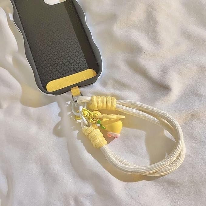Dopamine Vibes Universal Wrist Strap - Korean-Style Short Phone Lanyard with Cute Yellow Pineapple Charm, 7mm Rope, Trendy Anti-Theft Tether for Girls, Includes Pendant & Nylon Phone Tab