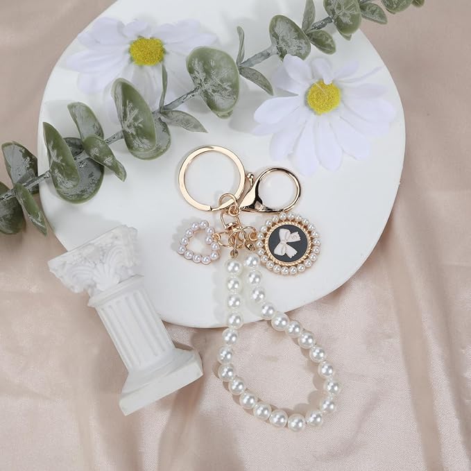 Pearl Keychain with White Bow,Beaded Wristlet Keychains Mother's Day Gift for Women Bow Key Charms