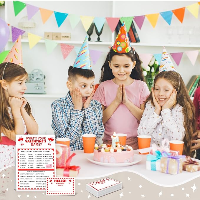 What's Your Valentine Name Game Set,Valentine's Day Party Games for Couples and Friends, Romantic Party Decorations,1 Double Sided Valentine Game Sign and 30 Stickers,5x7 Inch