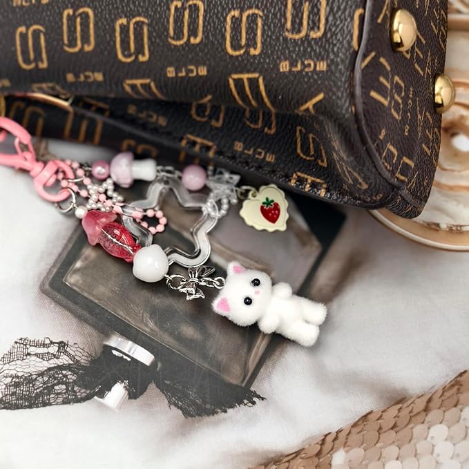Cute Cat Keychain, Y2K Heart Bow Pendant, Kawaii Cat Bag Charm