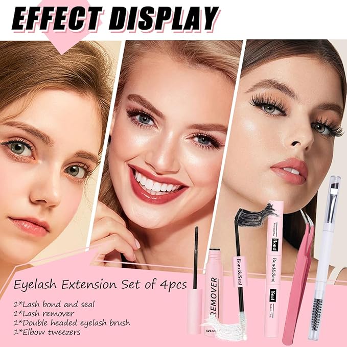Lash Bond and Seal Kit 4 Pcs DIY Lash Extension with Waterproof Lashe Cluster Glue 72h Hold and Seal Lash Remover Tweezers Portable Eyelash Brush with Cap for Eyelash Extensions Beginners