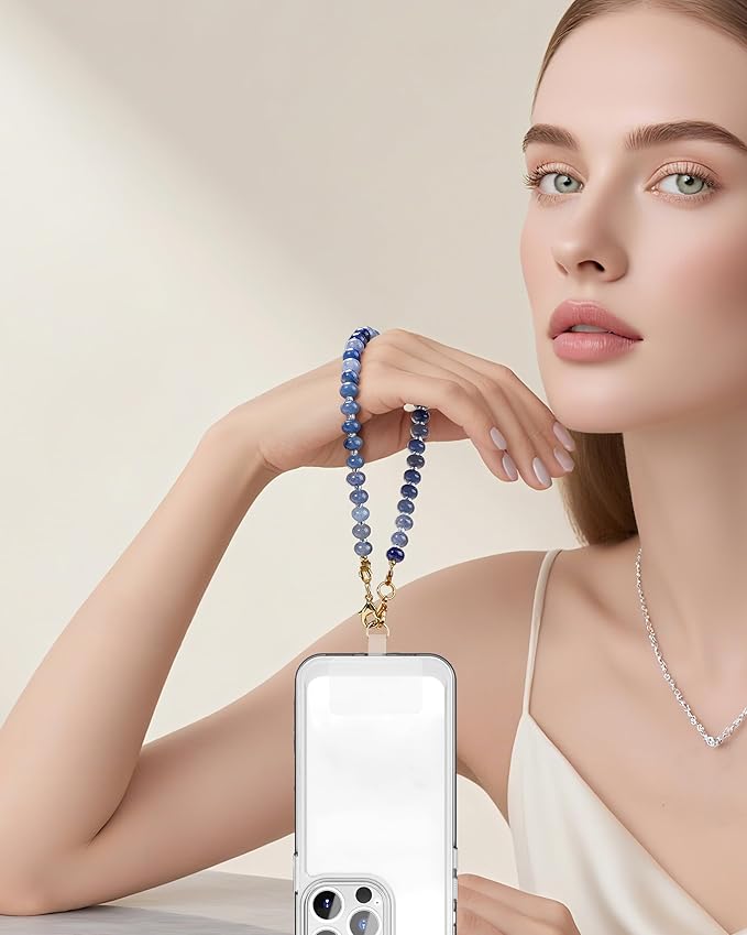 Marble Beaded Phone Wrist Strap,Detachable Phone Bracelet Strap with Tether Tab,Hands-Free Wristlet Strap (Blue Ink)