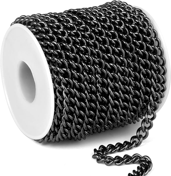 16.5FT Gunmetal Stainless Steel Curb Chains Roll, 7mm 304 Stainless Steel Black Flat Twisted Links Curb Chains Bulk Spool for Jewelry Making DIY Craft