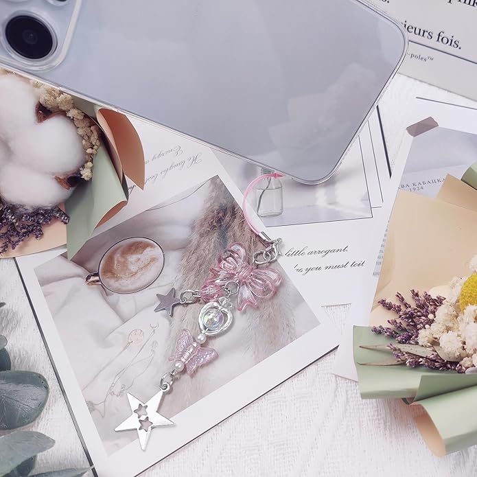 1-4PCS Cute Phone Charms Aesthetic Y2K Cell Phone Charms Strap Pink Strawberry Butterfly Star PhoneCharm Y2K Accessories for Bag Keychain Airpods Camera Pendants Decor