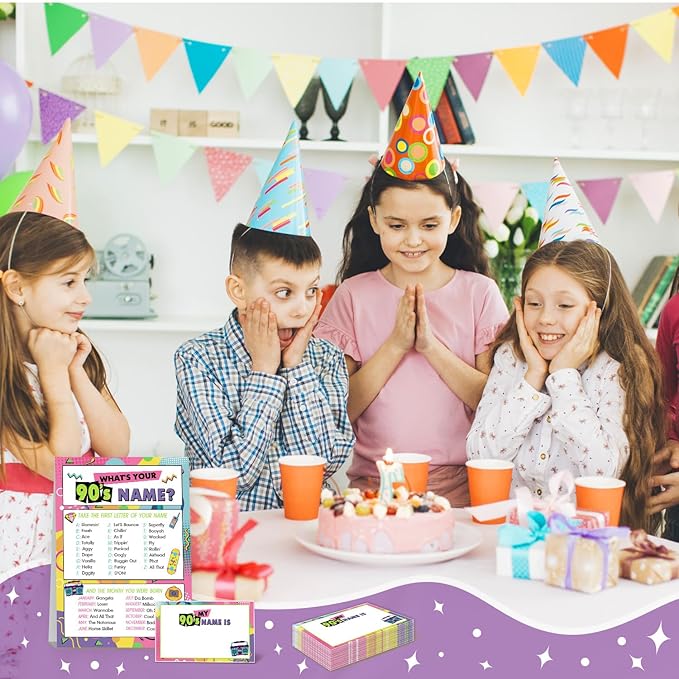 90s Theme Party Decorations, 90'S Theme Birthday Party Sign Decoration for Boys Girls, Kids Activity Cards, What's Your 90'S Name, Activity Decoration Supplies