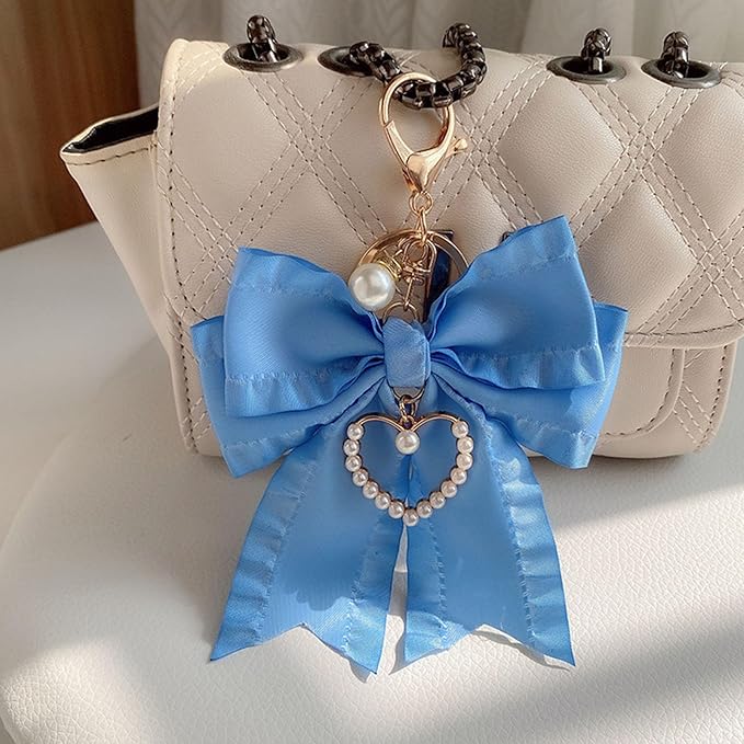 Ribbon Bowknot Bag Charms, Cute Pearl Heart Keyring Holder Purse Hanging Decorations Bag Handbag Pendant