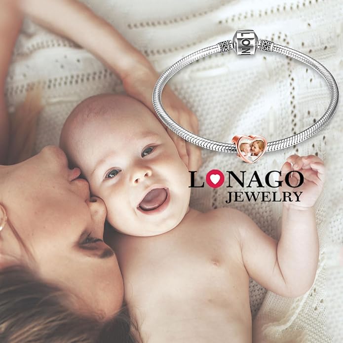 LONAGO 925 Sterling Silver Personalized Photo Charm Fit Compatible for Bracelet Necklace Customized Heart Round Shape Picture Bead
