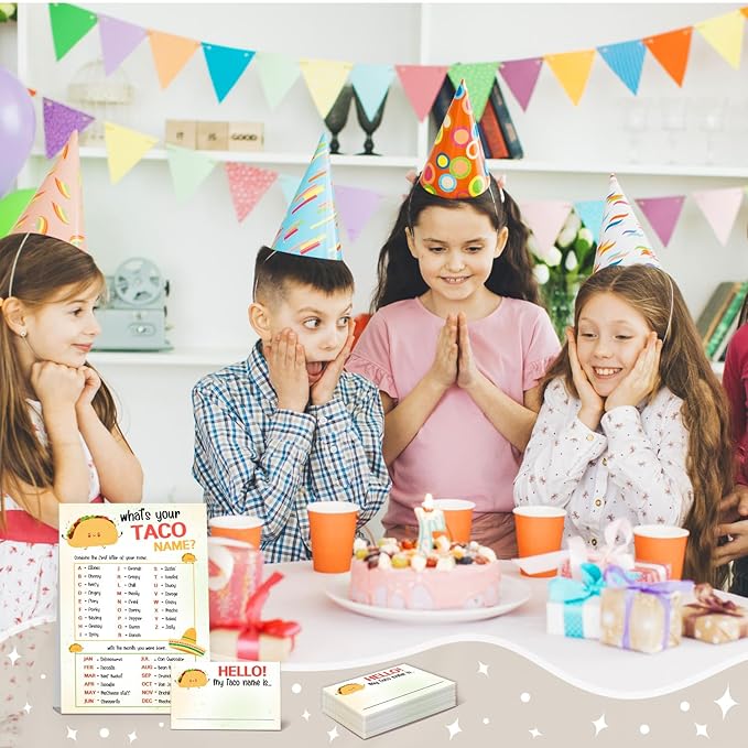 What is Your Taco Name Game Cards,Birthday Party Games for Kids and Adults, Taco Tuesday Party Supplies,1 Taco Name Game Double Sided Sign and 30 Taco Stickers,5x7 Inch
