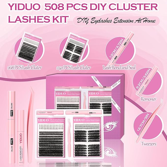 YIDUO Lashes Clusters Kit Gift Packs D Curl Cat-Eye Wispy Individual Faux Mink Fake Eyelashes, Volume Studio Effect, 498Pcs DIY False Eyelash Extensions with Bottom Lashes|Glue|Removers|Tweezers