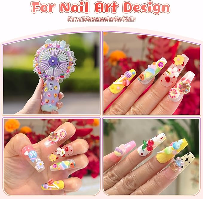 300PCS Kawaii Nail Charms Kit, 3D Animal & Candy Resin Charms for Acrylic Nails, Cute Bear Bee Fruit Nail Art Supplies with Tweezers for DIY Crafts & Shoe Decor