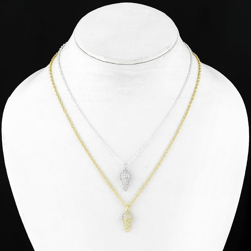 JOR Icecream Cone Charm with CZ Pendant Necklace, Cool Charm, Women Jewelry, Dainty Gold & Silver Plated Combo Chain 18 inch (Pack of 2)
