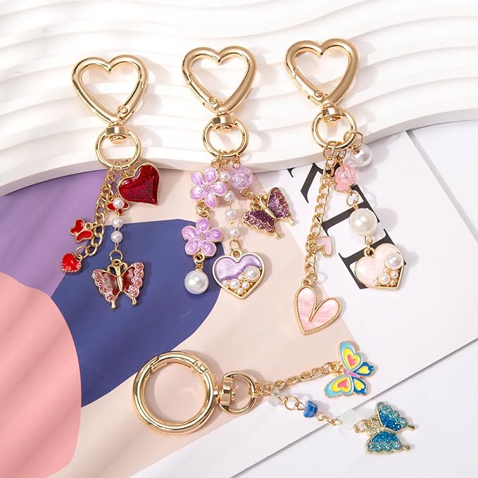 Y2K Keychain Set Heart Butterfly Pearl Flower Bag Charms,Cute Aesthetic Accessories for Women Gifts Keys Bags Purse