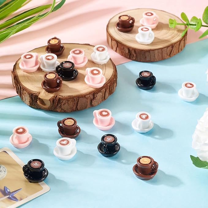 Craftdady 40 pcs Mini Resin Coffee Cup Miniature Tiny Fake Coffee Mug Plate Lovely 3D Tableware Latte Drink Beverage Small Food Ornaments for Jewelry Making Micro Landscape Party Desktop Decorations