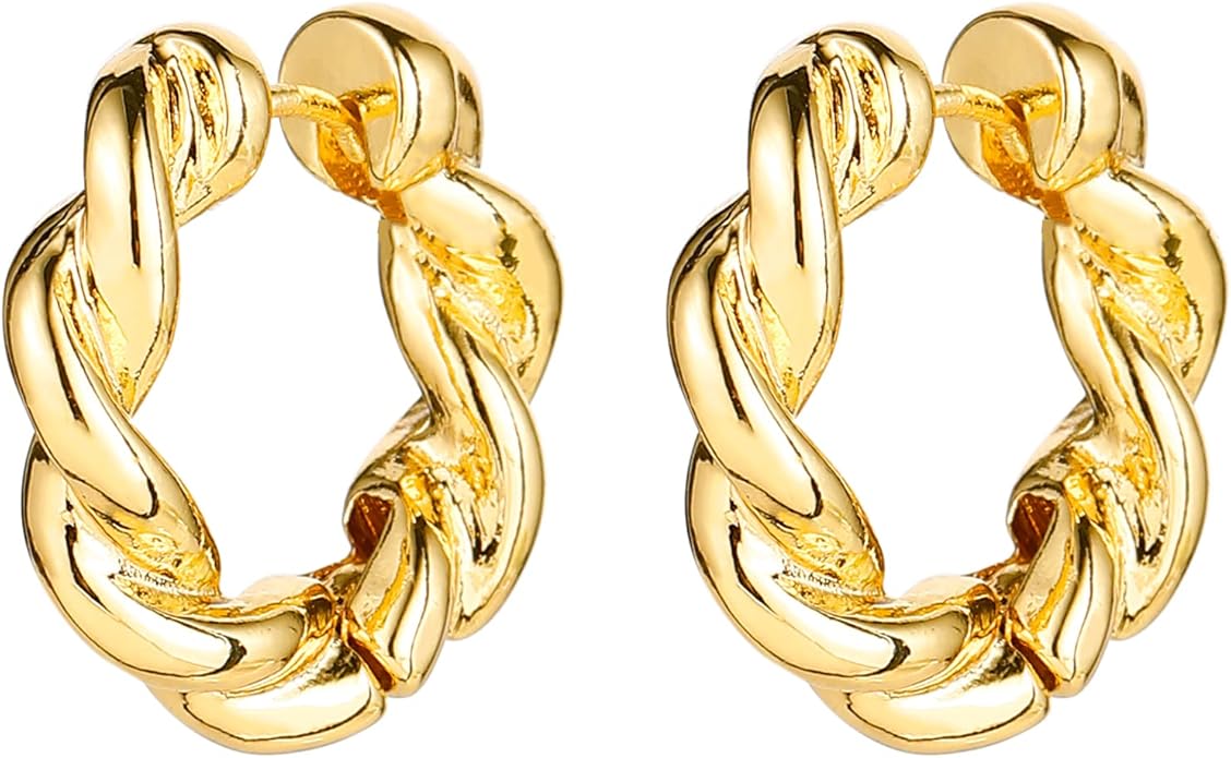 HILXURY Gold Chunky Hoop Earrings Set for Women, 14K Gold Plated Twisted Huggie Hoop Earring Hypoallergenic, Thick Open Hoops Set Lightweight