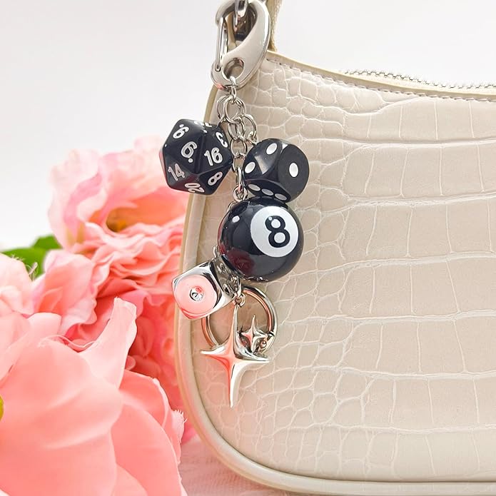 Y2K Keychain for Women, 8 Ball Dice Charm with Carabiner Clip - Cute Goth Core Keychain Bag Charm for Keys Bags Jeans