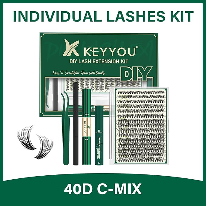 KEYYOU Lash Extension Kit DIY 300Pcs Lash Clusters Eyelash Extension Kit 40D C Curl 9-18MIX Lash Clusters Kit with Lash Glue Remover Applicator Easy to Use for Beginners(Kit,40D-C,9-18MIX)