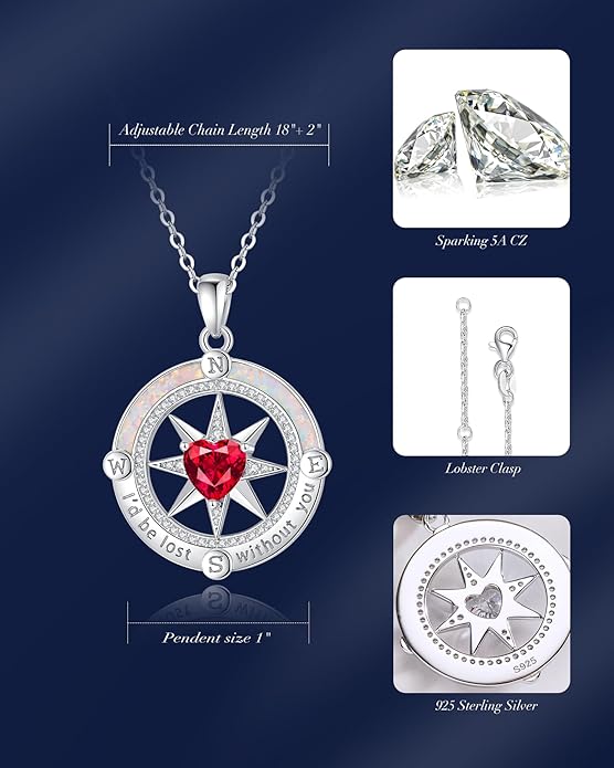 FANCIME Compass Necklace for Women Sterling Silver Compass Jewelry Opal Pendant Fine Jewelry Gemstone Birthday Christmas Gifts for Wife