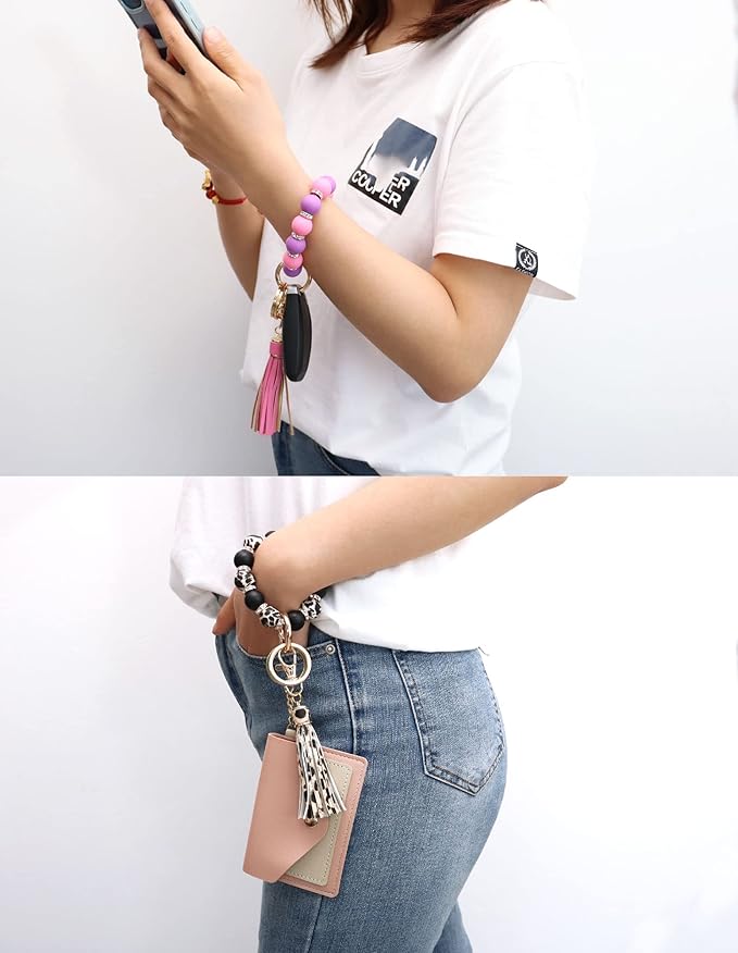 Munchewy Silicone Key Ring Bracelet for Women, Beaded Wristlet Keychain Key Holder with Zircon Tassel for Mother's Day Gift