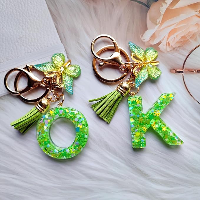 Cute Initial Letter Keychains for Women Girls Tassel Butterfly Pink Purple Green Keychain for Backpack School Bag
