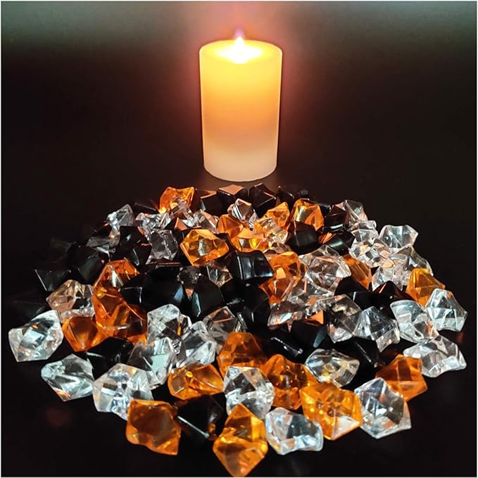 HappyFiller Home Decoration Acrylic Gems Fake Crystal Cubes Jewels Rocks for Vase Fillers, Centerpieces,Party Decor Ice Stones Table Scatter,Orange,Black and White,14 OZ