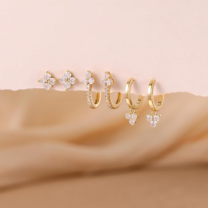 Freekiss 3 Pairs Gold Hoop Earrings Set: Dainty Stud Earrings Trendy Small 14K Gold Plated Hypoallergenic Dangle Cartilage Huggie Hoop Earrings for Women Gold Jewelry for Women Gifts