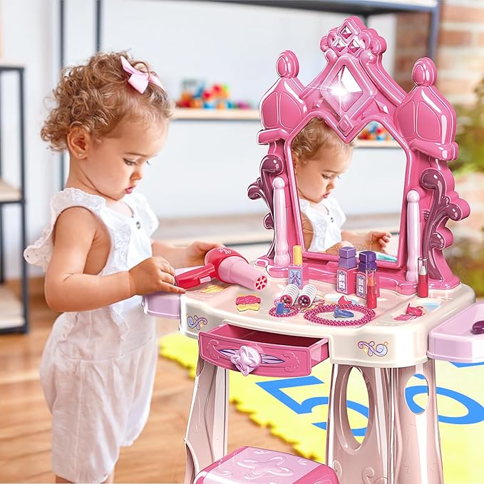 Pretend Play Girls Makeup Table Set with Stool,Kids Vanity Set with Lights and Music,Toddler Beauty Salon Set with Makeup Accessories & Hair Dryer Toy,Best Birthday Gifts for Toddlers 2-5 Years Old