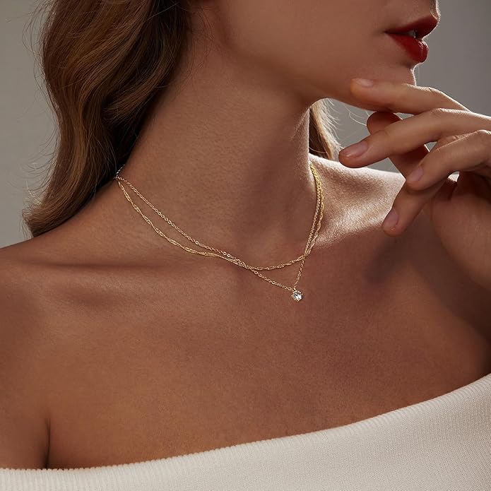Luxval Diamond Pendant Gold Necklace for Women,Dainty 18k Gold Plated Choker Necklaces Simple Gold Jewelry Gifts for Women Girls