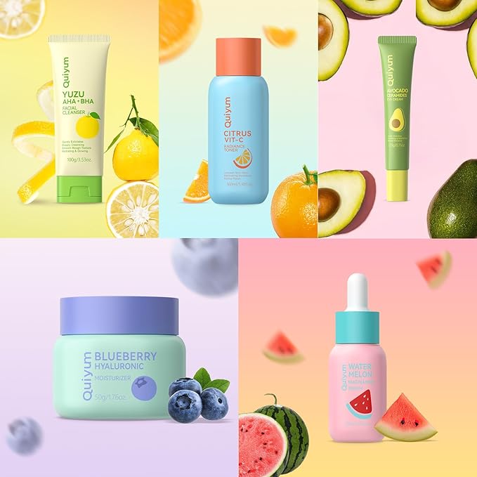 QUIYUM Fruit Skin Care for Teens, 5 Daily Routine Beauty Skin Care Sets - Exfoliation, Smooth, Clean, Oil Control, Firm, Hydrate, Glow Up, Facial Skincare Gift Set for Girls Women, for All Skin