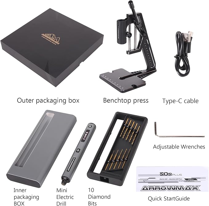 AM ARROWMAX 5-Speed Mini Electric Drill Pen with Benchtop Press, 10 Small Bits with Aluminium Box, LED Lights, OLED Display, Resin Drill Set For Jewelry Making, Plastic, Wood