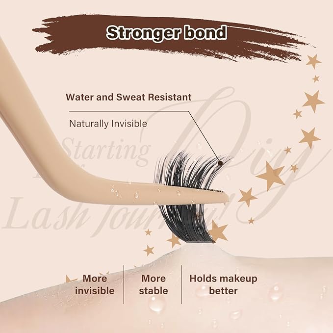 JMS&JMS DIY Lash Extension Kit Lash Clusters Kit 200D D Curl Individual Lashes Eyelash Extension Kit 182pcs Thin Band Cluster Lashes Lash Bond and Seal Tweezers Easy to apply